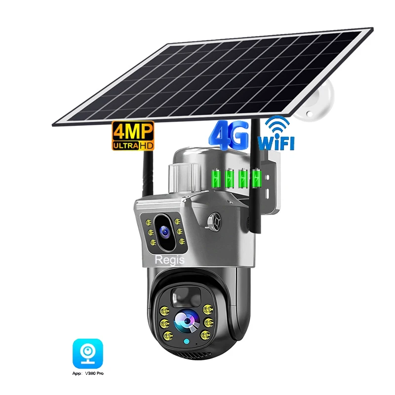Regis V380 Dual Len Camera 4MP Wifi  Battery Powered Security Outdoor CCTV 4G IP Intelligent Solar Energy Alert PTZ Camera