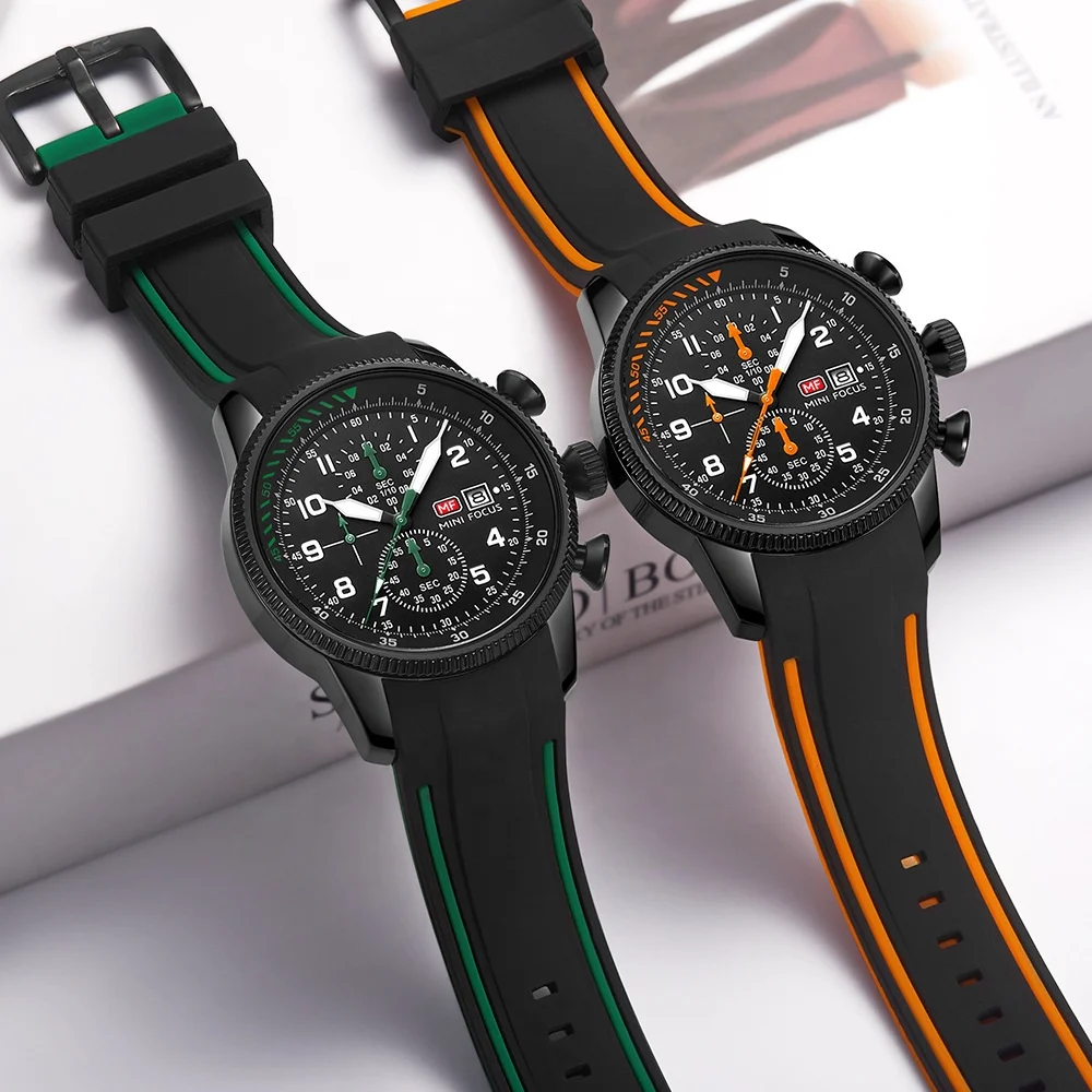 MINI FOCUS MF0379G air aviation chronograph wrist watch waterproof quartz watch sport glow in the dark silicone band men watch