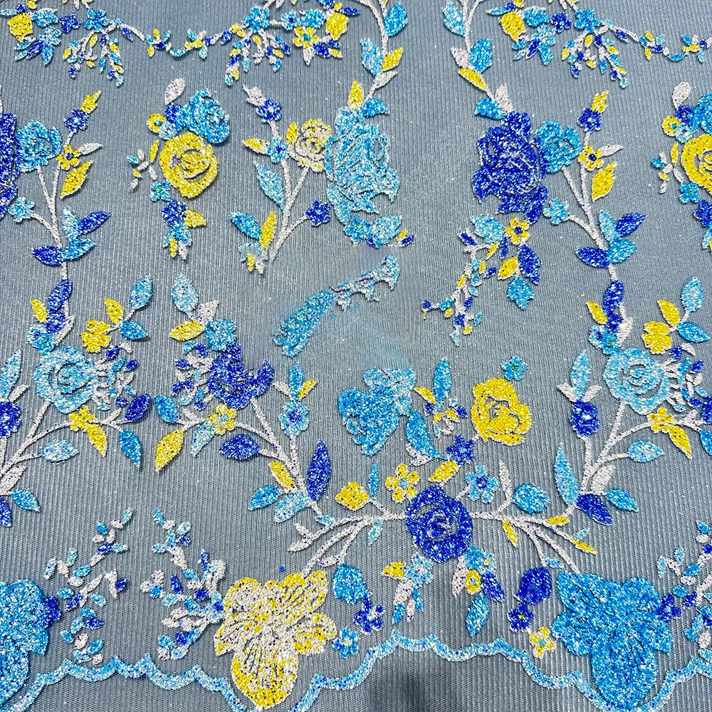 dazzling multi color patterned glued glitter tulle for custom couture dress