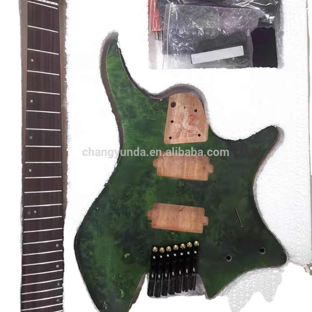 New Style whole sell headless electric guitar 7 string mahogany body burl top 5 pieces mahogany  neck factory outlet