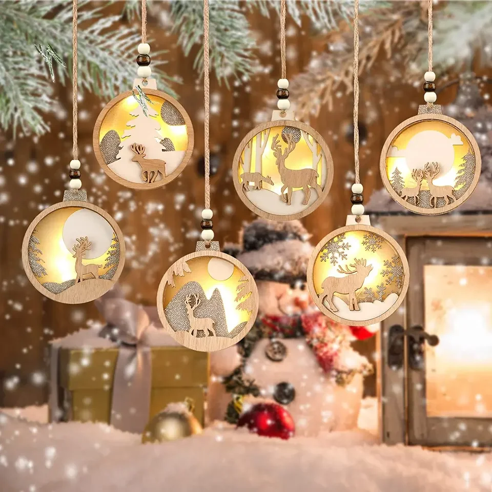 Christmas Hanging Wooden Hollow Fretwork Ornaments round UV Printed Wood Carving Gift Tags and Pendant Circle Laser Cutting