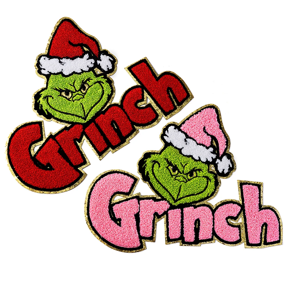 Custom chenille patches gold glitter Christmas anime patch big logo iron on chenille patches for clothing