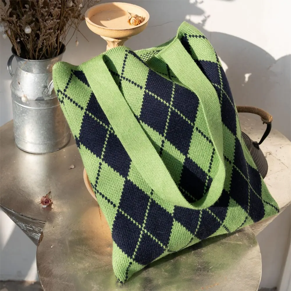 Japanese Quilted Rhombus Lattice Pattern Knitted Women Shoulder Bag Crochet Wool Korean Fashion Tote Shopping Bag