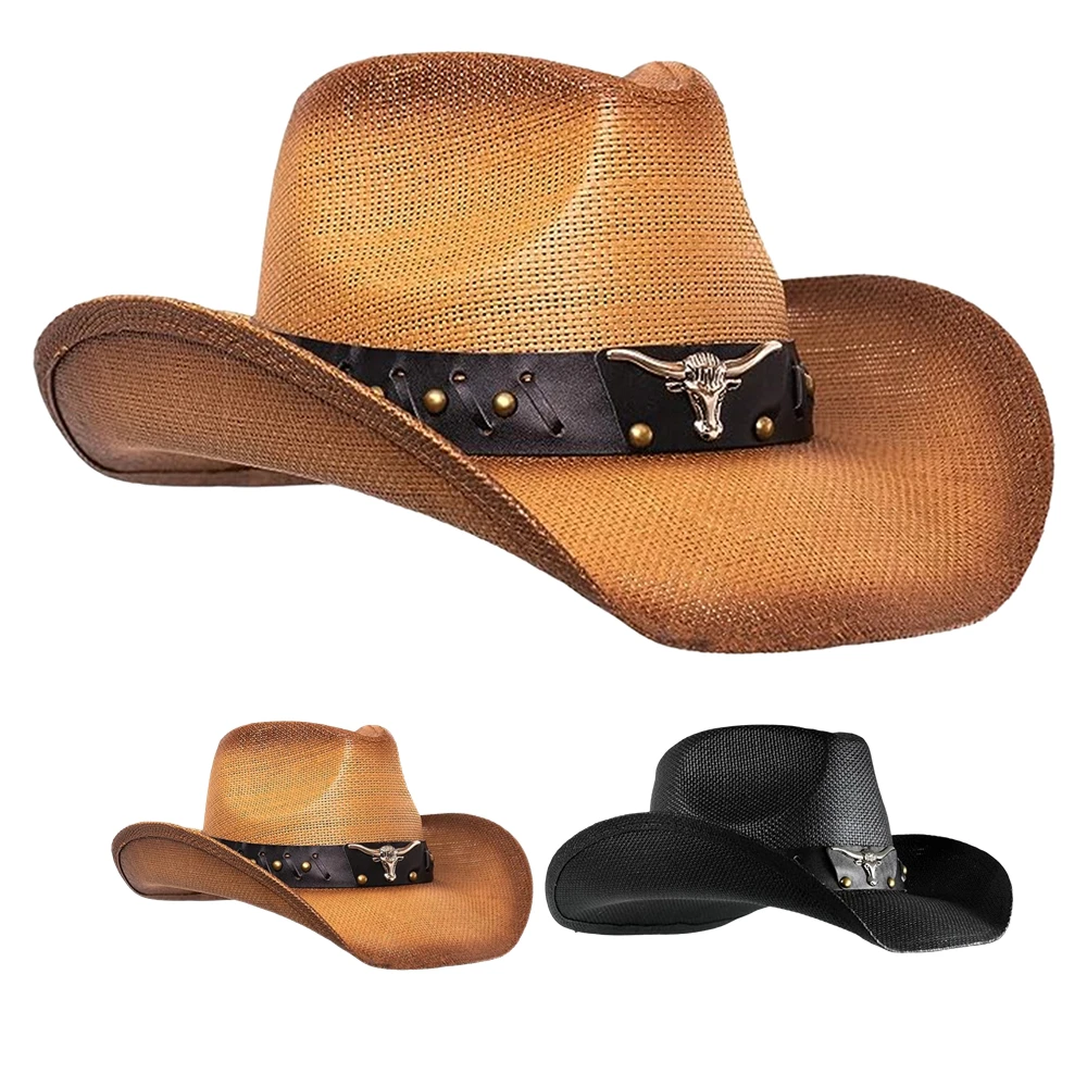 Black Western jazz sombreros vaquero boys sun protector unisex sombrero cowboy straw sun hats for men summer