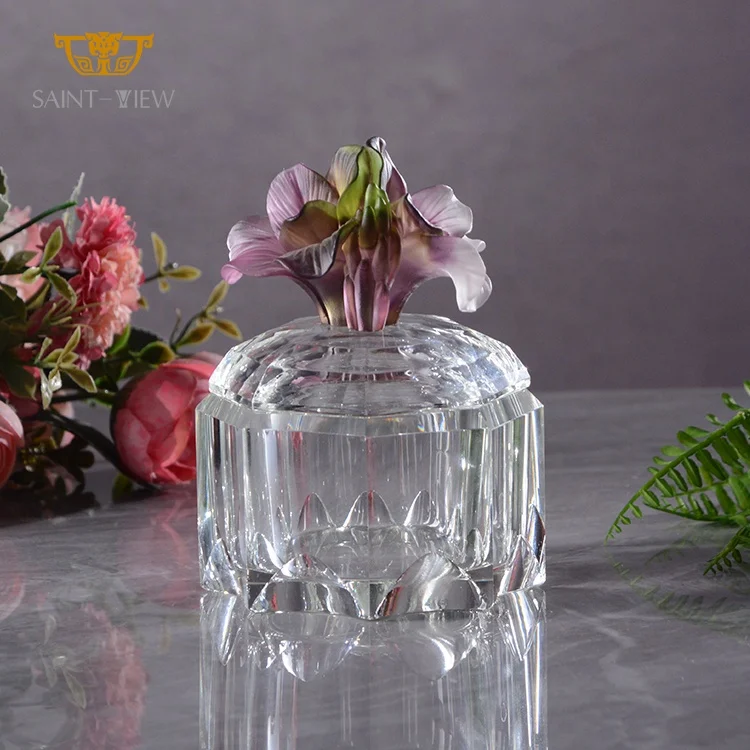 Glass Sandalwood Container Flower Lid Jewelry Sundries Box Clear Crystal 2024 New Creation Instagram Novelty Glass Jar