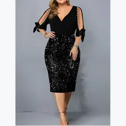 New Fashion Europe And American V-neck Personality Sequin Design Sexy Bodycon Party Dress Women Half Sleeve Plus Size Dresses