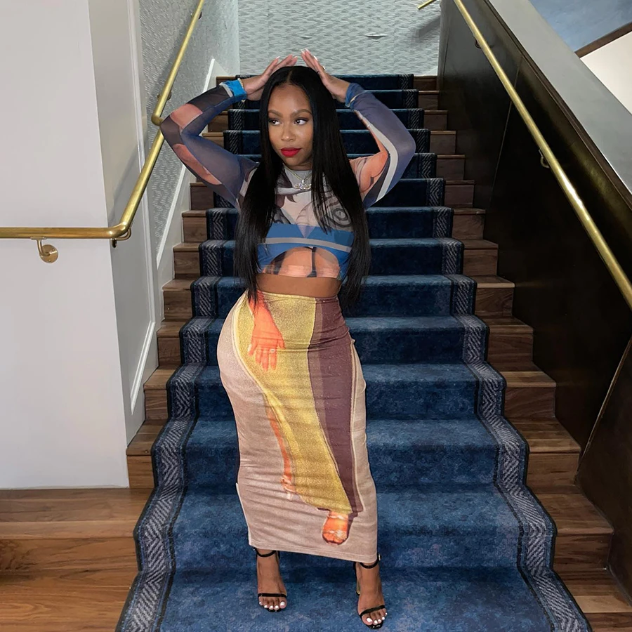 K22S21829 Printed Mesh Shirt Match Midi Skirt 2 Pieces Outfit Party Clubwear Women Two Piece set