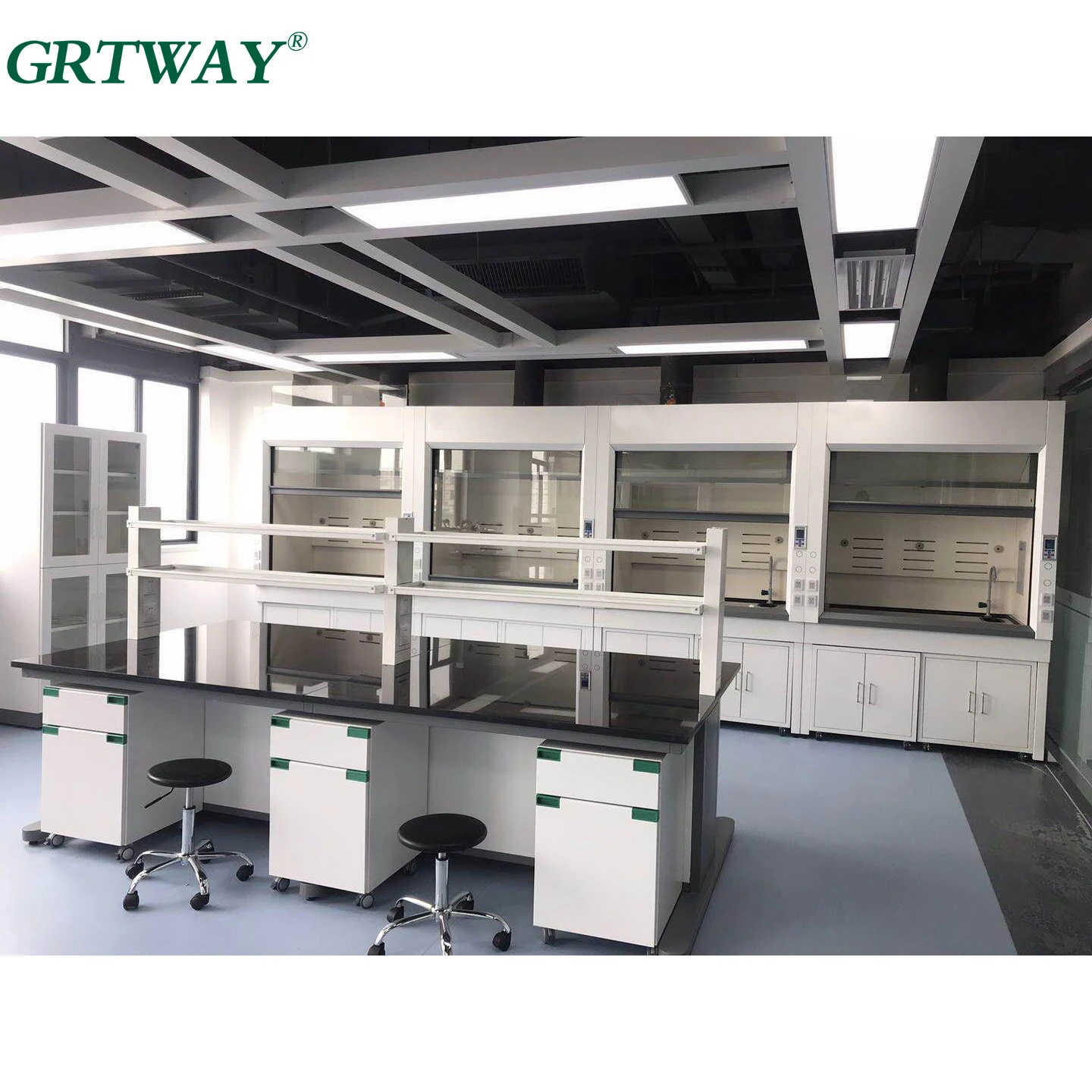 LAB051 Furniture Laboratory Workbench with Cabinets and Fume Hoods Chemical Resistant Countertop Lab Furniture