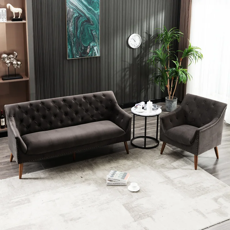 
Modern Velvet Fabric Tufted Upholstered Chesterfield Sofa Set for Living Room 