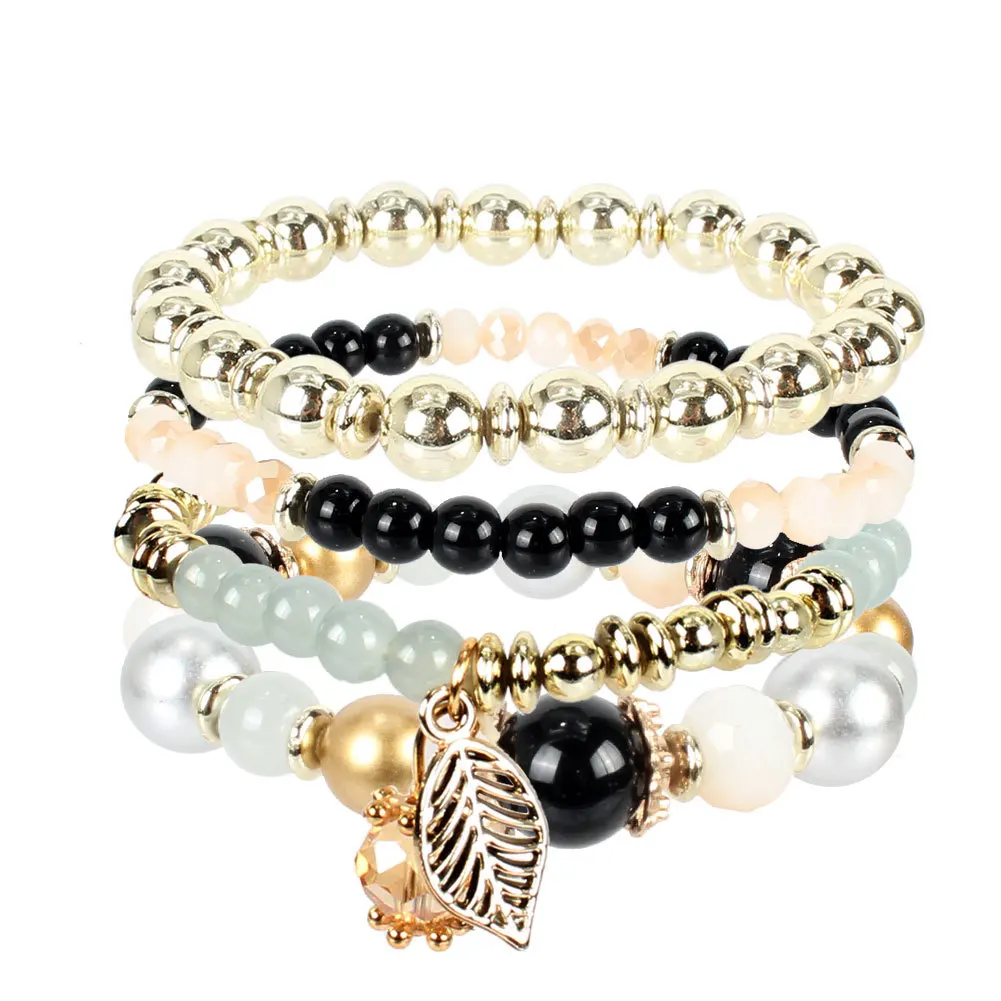 
2021 Multilayer Candy Bead Elastic Bracelet Multi-layer CZ Leaf Pendant Bead Bracelet 