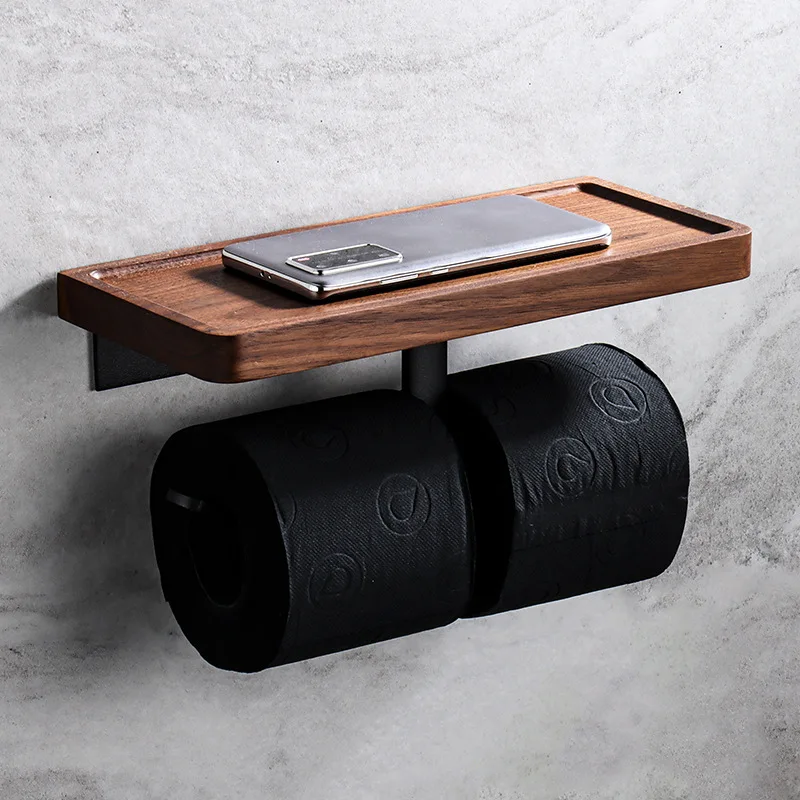 Self-adhesive Tissue Holder with Walnut Wood Phone Shelf Matte black Aluminum Rod Bathroom Toilet Paper Holder