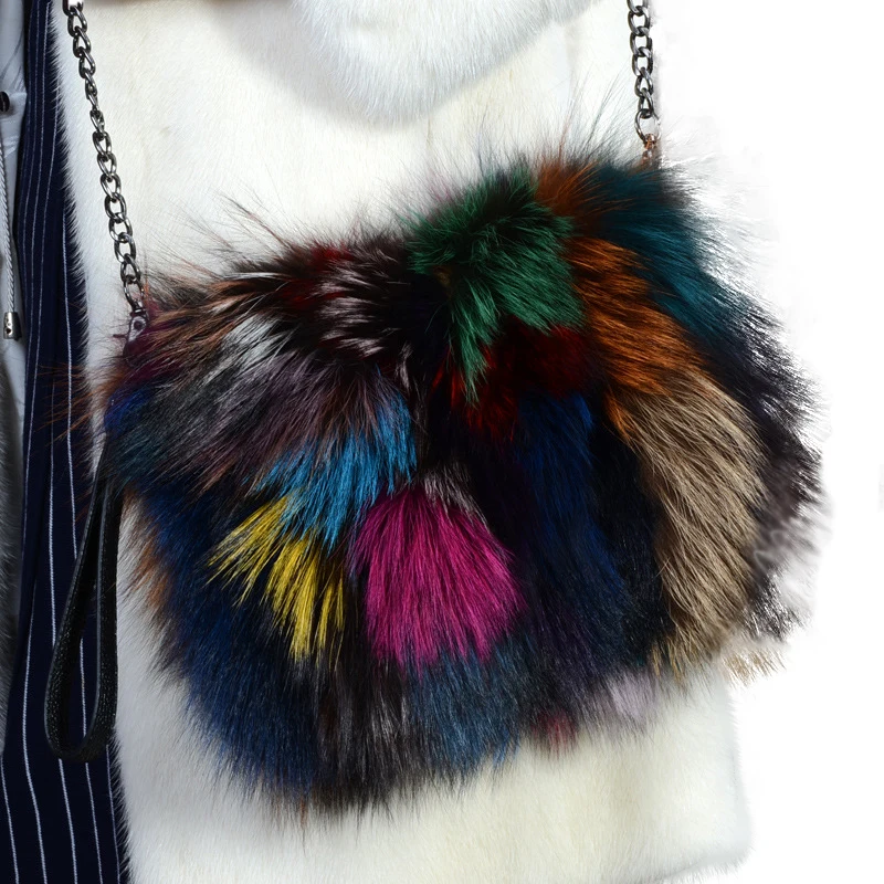 Fluffy fox fur clutch real fur fashion women purse winter multi color fur shoulder bags with metal chain