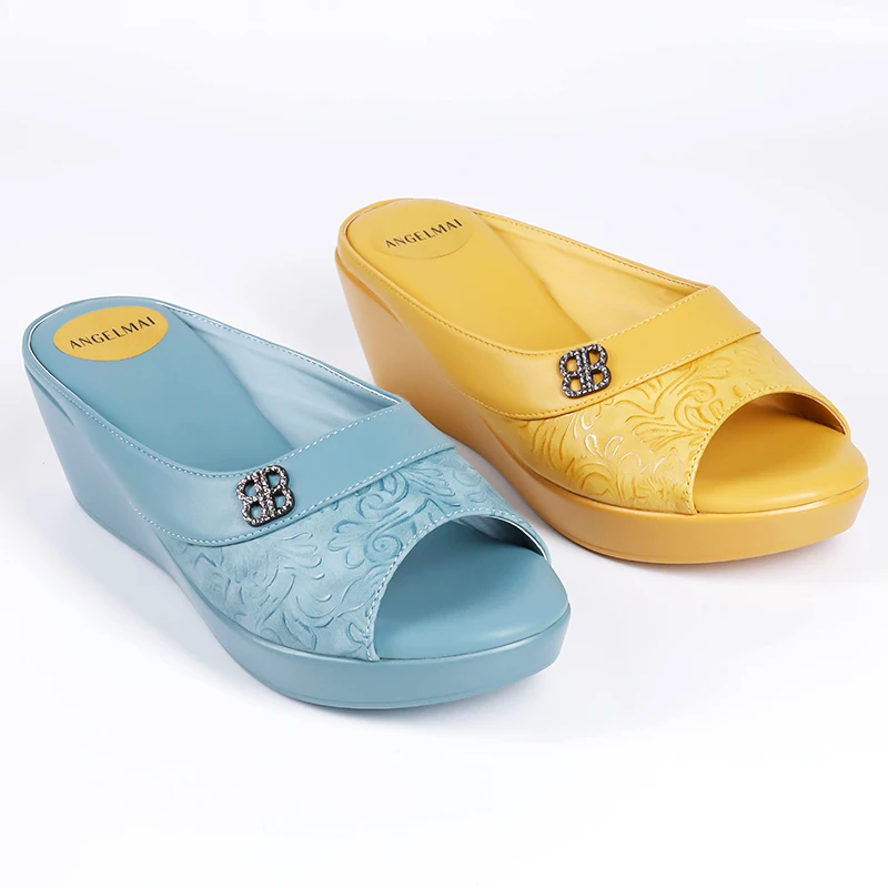 Summer Thick Platform Carving Mules Fish Mouth Open Toe Wedges Shoes Women Rhinestone Mama Shoes Comfortable Mujer Casual Shoes