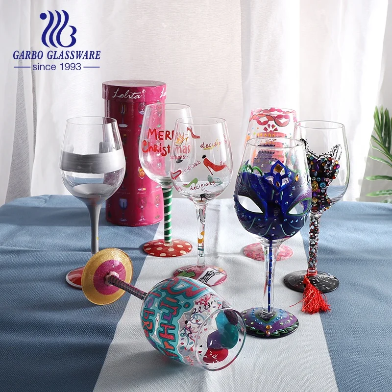 Factory Wholesale Customized Hand Painted Patterns Festival Carnival Glass Goblet For Even Party Red Grape Wine Stemware Glasses