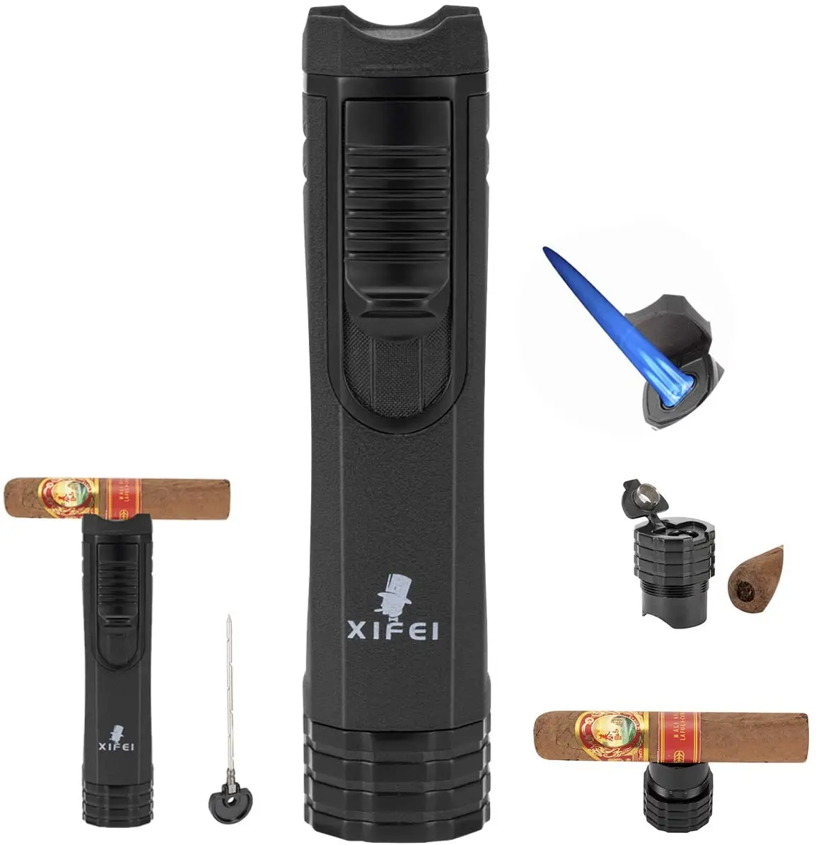 XiFei Wholesale Metal  Jet Flame Refillable Cigar Lighter with Smoking Accessories Tool Gas Cigar Lighter