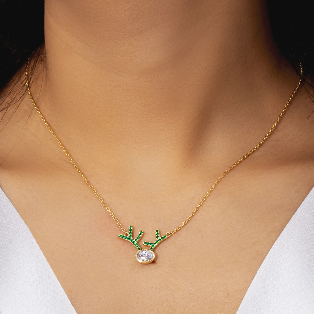 Christmas Jewelry Gift Elk Deer Antlers 14K Real Gold Plated 925 Sterling Silver  Gemstone Pendant Necklaces for women