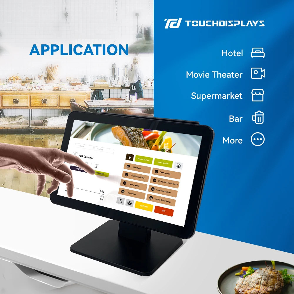 TouchDisplays 15.6 inch touch cash machine waterproof cash register dual screen pos supermarket pos system