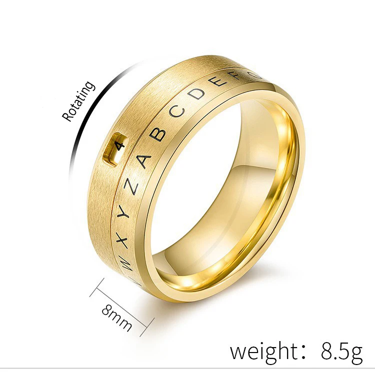 Stainless Steel 18k PVD Gold Plated Secret Decoder Window Cipher Lucky Number Rotating Spinner Ring
