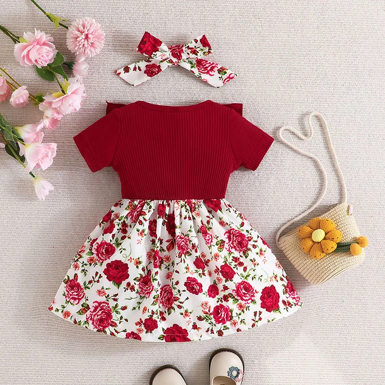 2024 Summer Baby Girls Bow Spliced Flower Print Baby Girl Clothes Set Newborn Dress Headband
