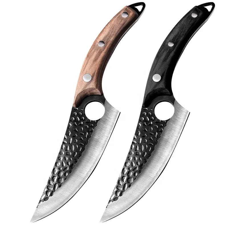 Wholesale Black Blade Curved SKinning Kitchen Knife Outdoor Serbian Survival Hammered Sharp Wood Hand Full Tang Boning Knife