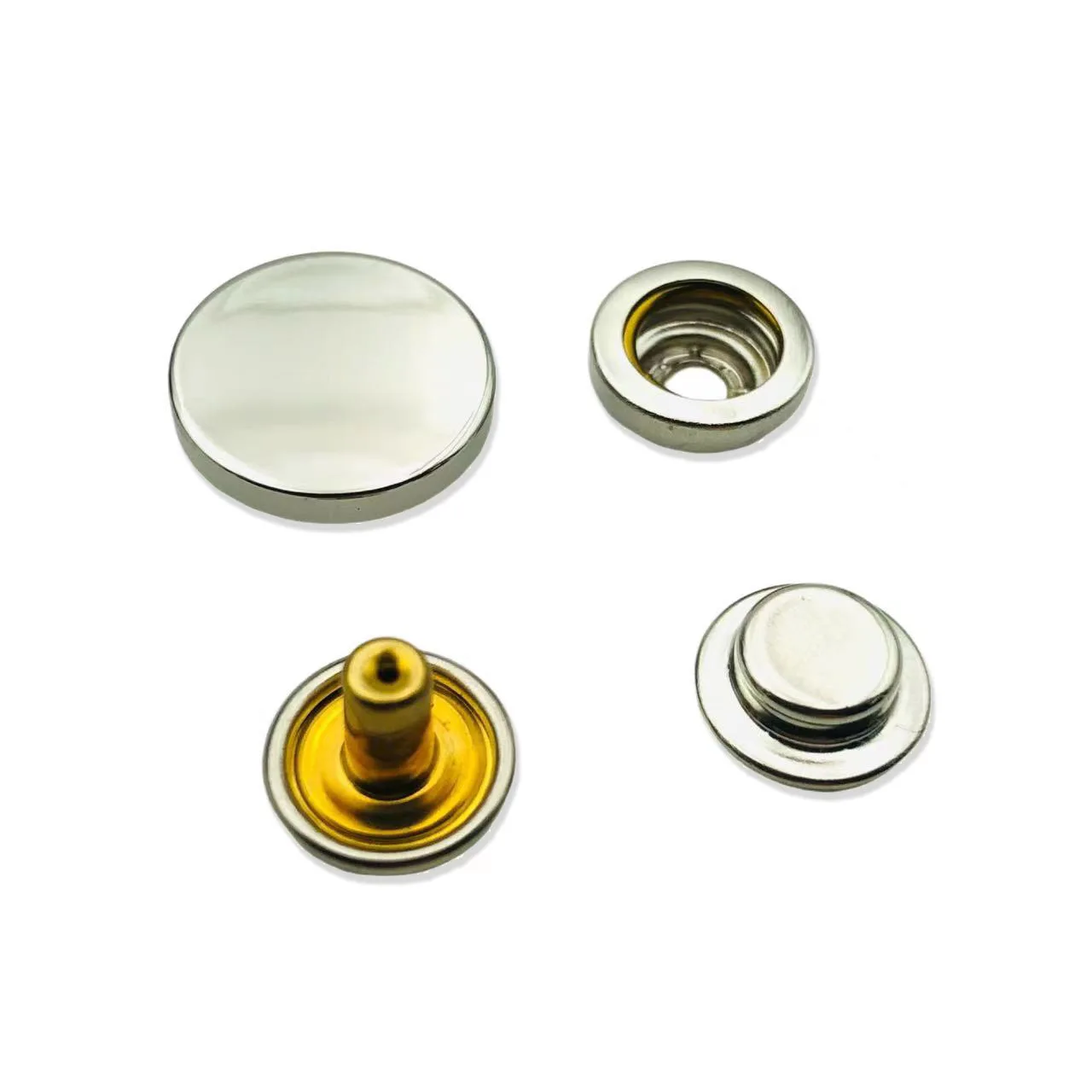 High Quality Stainless Steel Custom Logo Silver Flat four parts Spring Snap Press Stud Metal Snap Button Fastener For Clothing