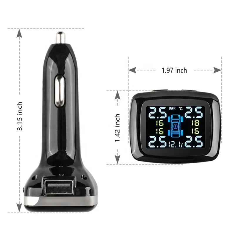 Car TPMS Tire Pressure Monitoring System Sensor USB Port Car Safety Alarm Cigarette Lighter Digital System 4 External Sensors