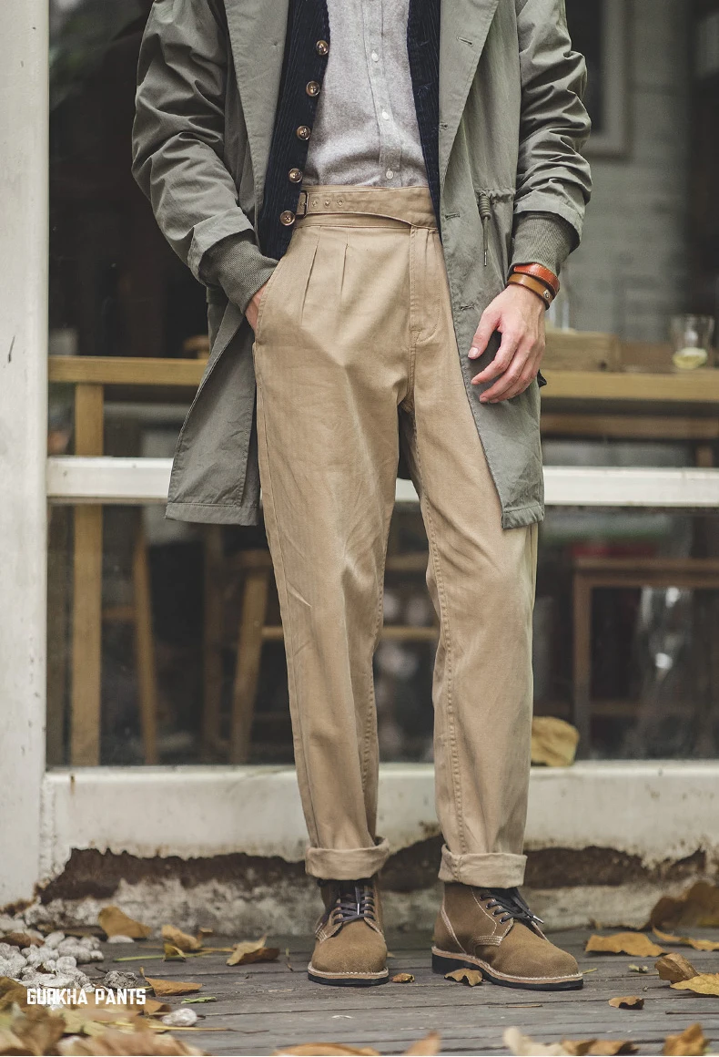 Vintage high waist Gurkha straight Naples pants casual custom embroidery logo 100% cotton khaki private label trousers