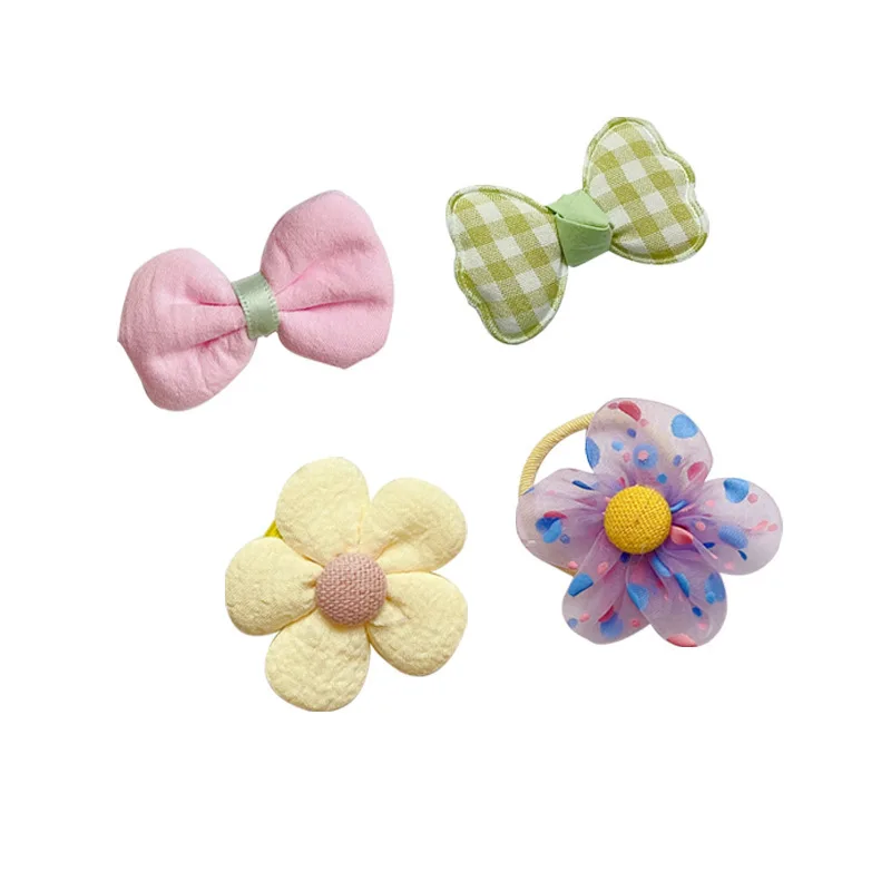 Sweet Lace Flowers Hair Pin Candy Color One Word Clip Kids Princess Girls Flower Pearl Double Bow Hair Pin Set