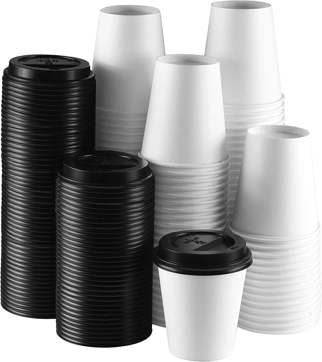 White Paper Disposable Cups With Black Lids - Hot/Cold Beverage Drinking Cup