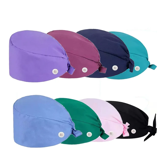 Cotton Working Cap With Button Sweatband Adjustable Heartbeat Bouffant Hats Women Men Nurse Scrub Caps