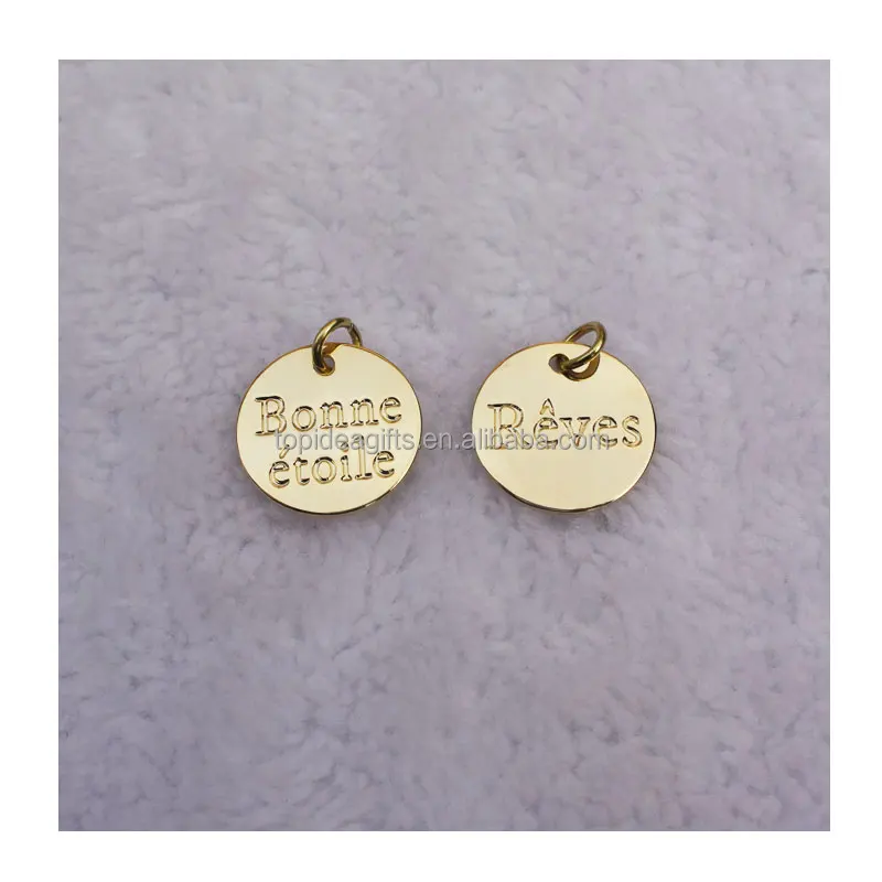 Solid 10mm Circle Shape Metal Jewelry Bracelet Tags With Logo Engraved Real Gold Discs