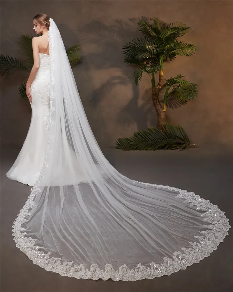 Hot sale top quality long lace 1 layers white Ivory 3  meters width 3.5 meters long veil for bridal with comb MPB6