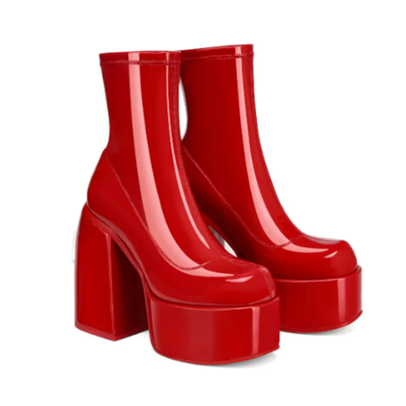 Classy New Styles Ladies Black Brown Patent Leather Chunky Heel Women Winter Ankle Boots