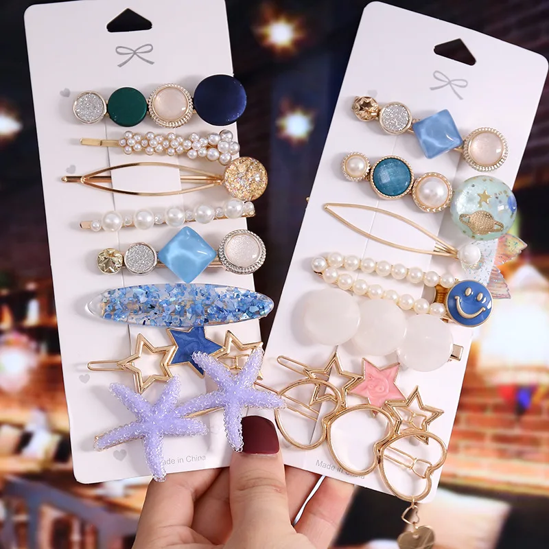 Wholesale Hot Sale Fashion Pearl Crystal Hairpins Women Hair Accessories Set Custom Bling Heart Star Rhinestone Hair Clip Set