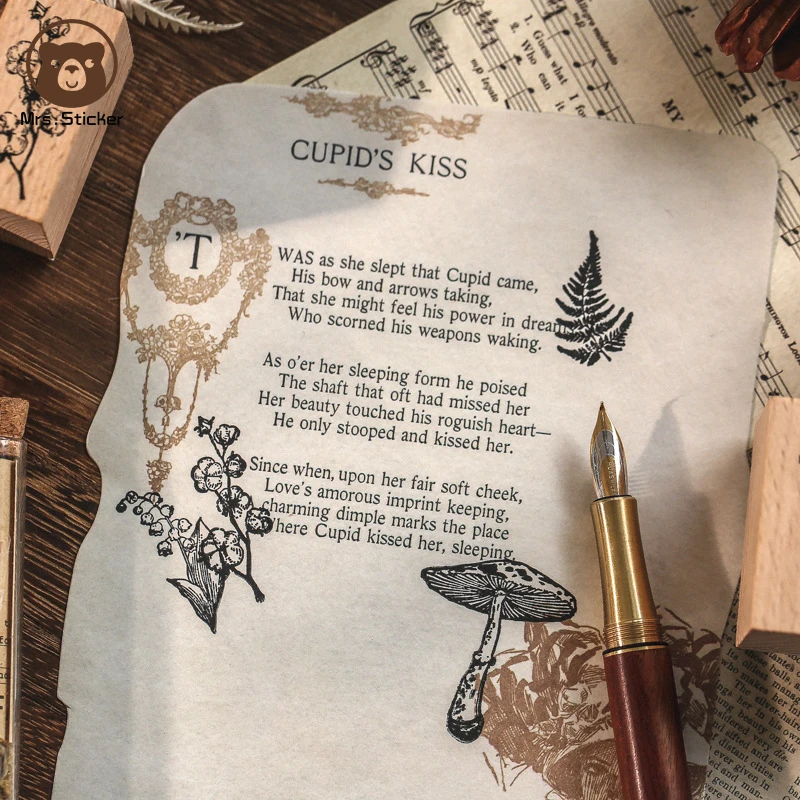 7pcs/box Ephemera Retro Plant Wooden Rubber Stamp Vintage Universe Wood Stamper DIY Planner Decorative Scrapbooking,Journaling