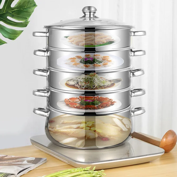 Wholesale Cookware Double Bottom Induction Food Steamer Pot Mutil Layer Stainless Steel Steamer Pot