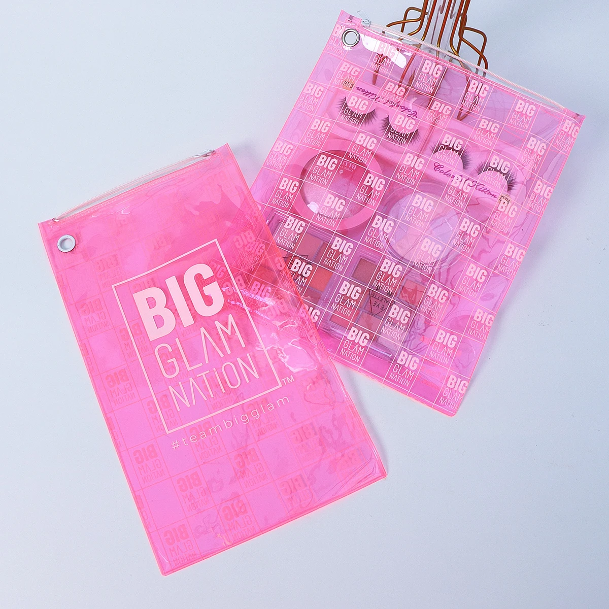 Wholesale Custom Logo Pink PVC Clear Zip Lock Pouches Flat Zipper Bag For Cosmetic/ Hair