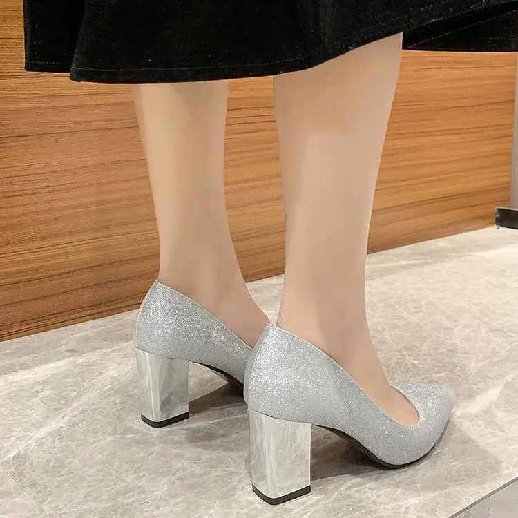 Women Big size Wedding shoes Sweet Noble Gold Silver Sequins Wedding Bridesmaid Chunky heels Fashion Leisure Shallow mouth Pumps