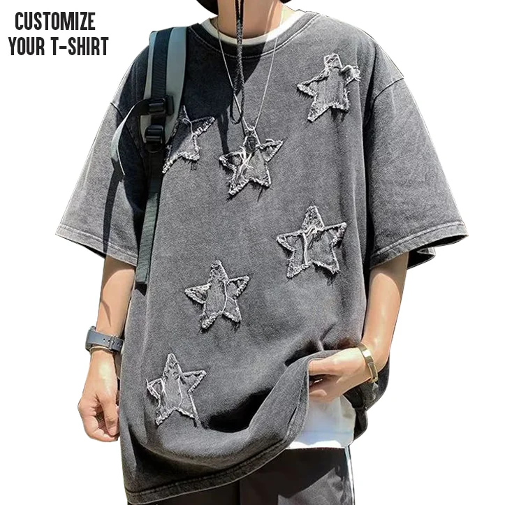 y2k custom clothing 100%Cotton High quality Oversized distressed embroidery tees costume logo distress patch acid washed t shirt
