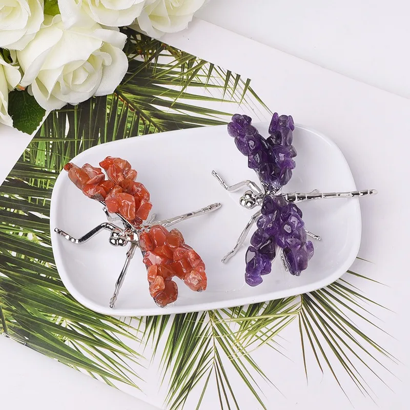 Natural Mini Dragonfly with Gemstone Wings Amethyst Jade Gravel Raw Stone dragonfly Handmade Spiritual Jewelry