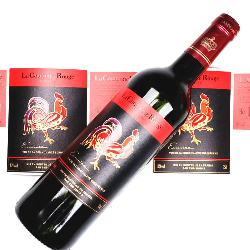Custom Printing Uv Spot Gold Foil Embossed Logo Premium Adhesive Textured Paper Sticker Glass Red Wine Bottles Sticker Label