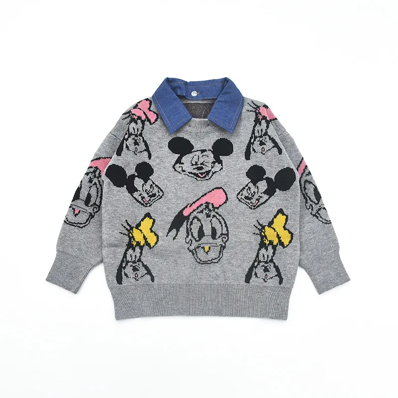 Baby cotton custom Mickey Mouse pattern knit pullover with removable denim collar