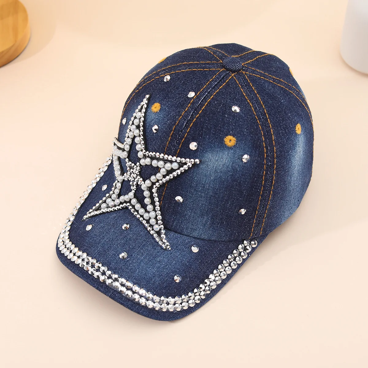 Summer Women Washed Denim Fashion Peaked Pearl Rhinestone Decor Denim Star Design Denim Baseball Cap