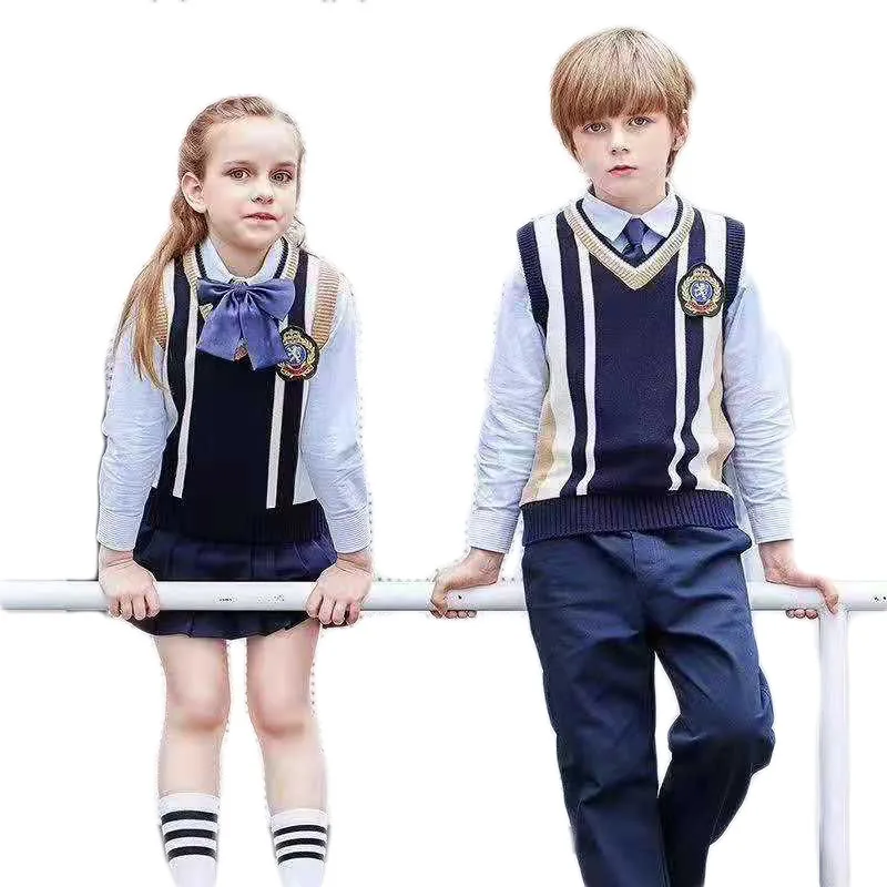 100 set custom Kids Sweater+girls pleated skirts/boys pants  kid school cardigan wholesale adult school uniforms for high school