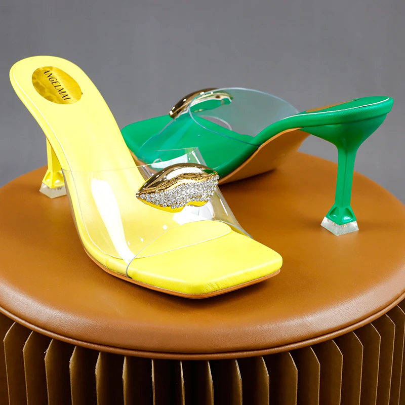 2022 New Women Slipper Sandals Thin Heel Mules Shoes Metal Lip Shape Rhinestone Transparent Sexy Party Dress Heeled Sandals