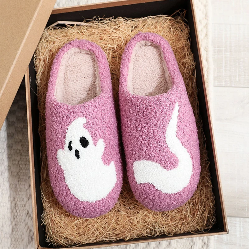 Custom 2024 Halloween Gifts Cute Ghost Pattern Home Slippers Winter Plush Cozy Warm Indoor Outdoor House Slippers