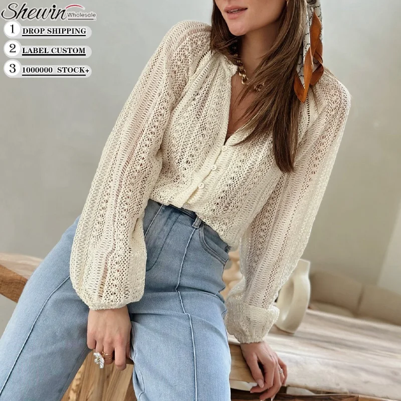 2024 Fall Fashion Clothing V Neck Long Sleeve Button Up Lace Elegant Blouses For Women