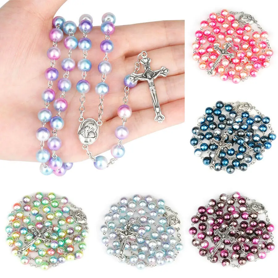 Rosary Pearl Beads Catholic Necklace Crucifix Pendant Necklace Jewelry First Holy Communion Gift