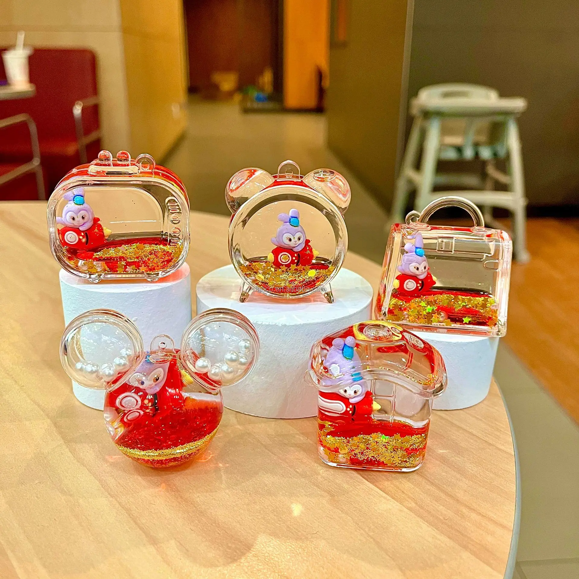 1batch=10PCS 100 design Cute Animal doll Liquid Floating Kawaii Acrylic Keychain bag Pendant Charm Key Ring for Girl Women