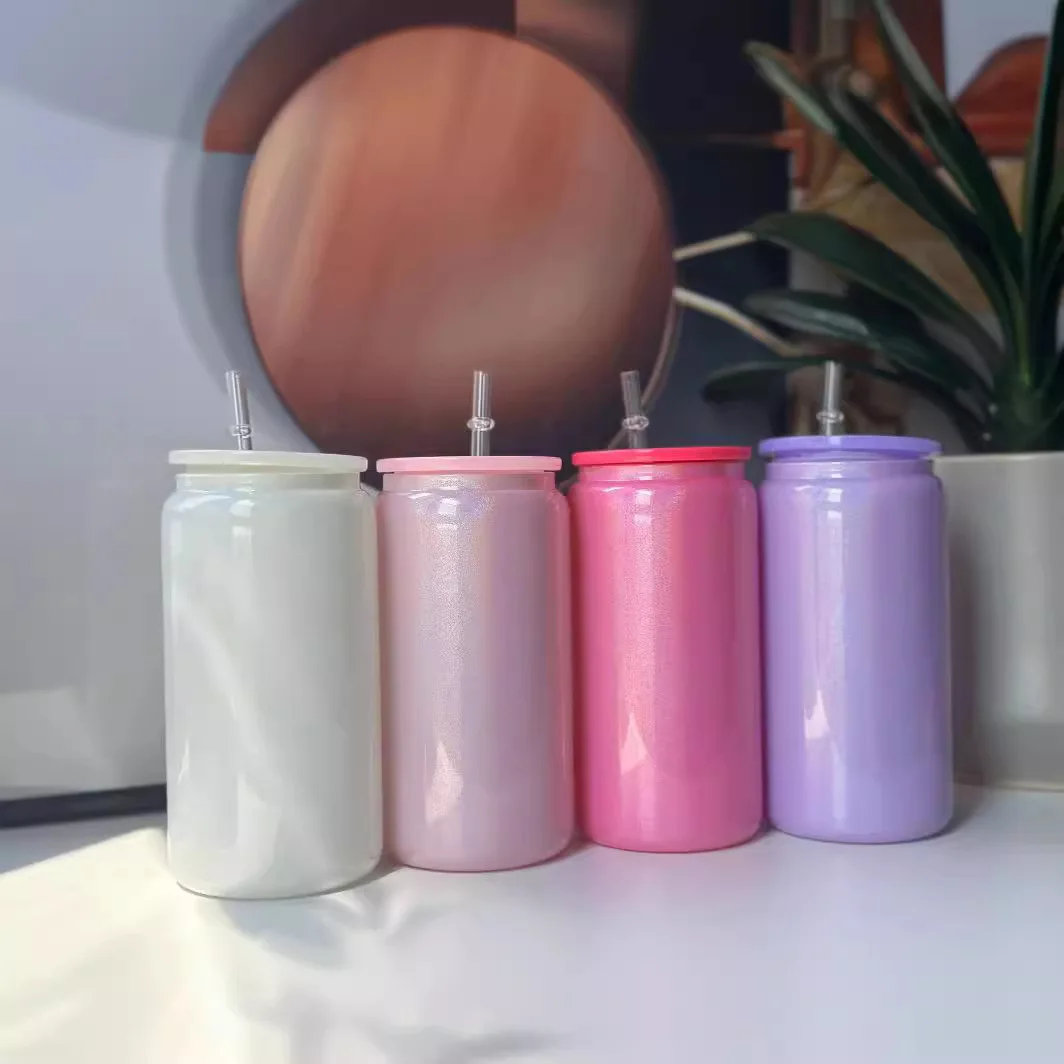 2024 New Design 16oz Shimmer Sublimation Beer Glass Can with Lid and Straw Sparkling Rainbow Iridescent Glass juice cups Tumbler